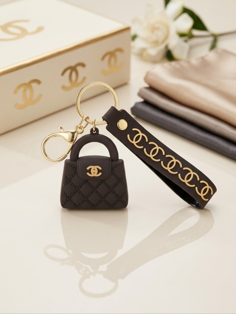 Designer-Inspired Black Quilted Handbag Keychain with Gold Hardware